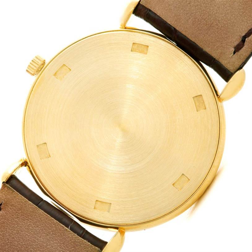 This image shows the back case of a Vintage Patek Philippe watch, along with parts of its leather straps.