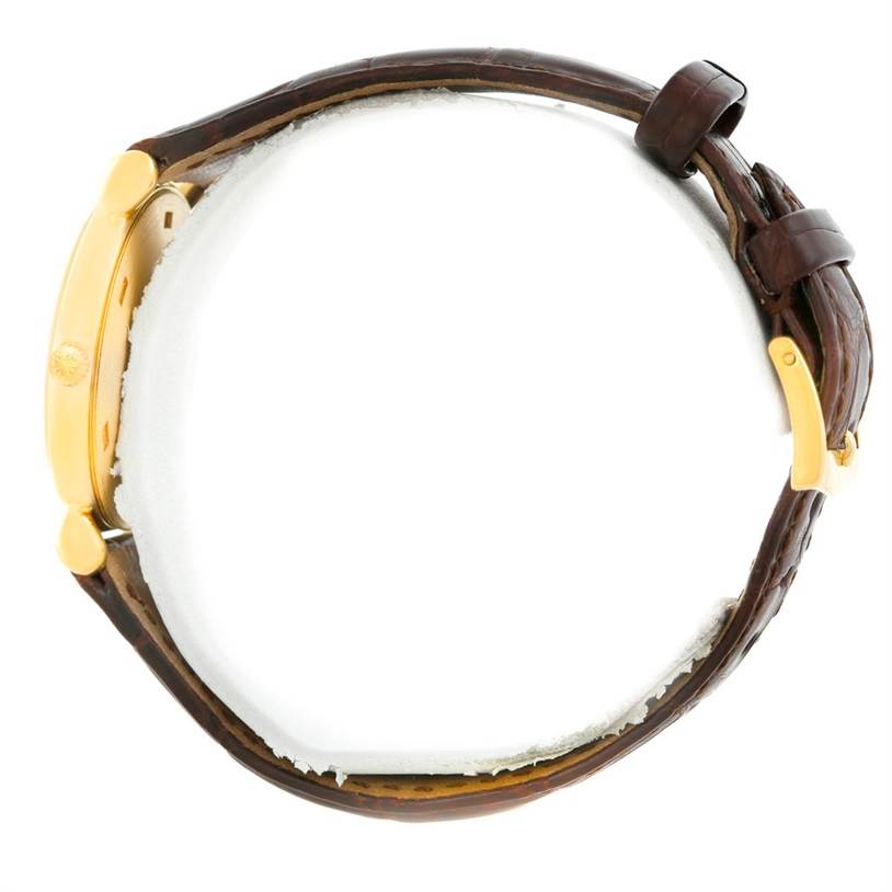 This image shows a side view of the Patek Philippe Vintage watch, highlighting the gold case and brown leather strap.