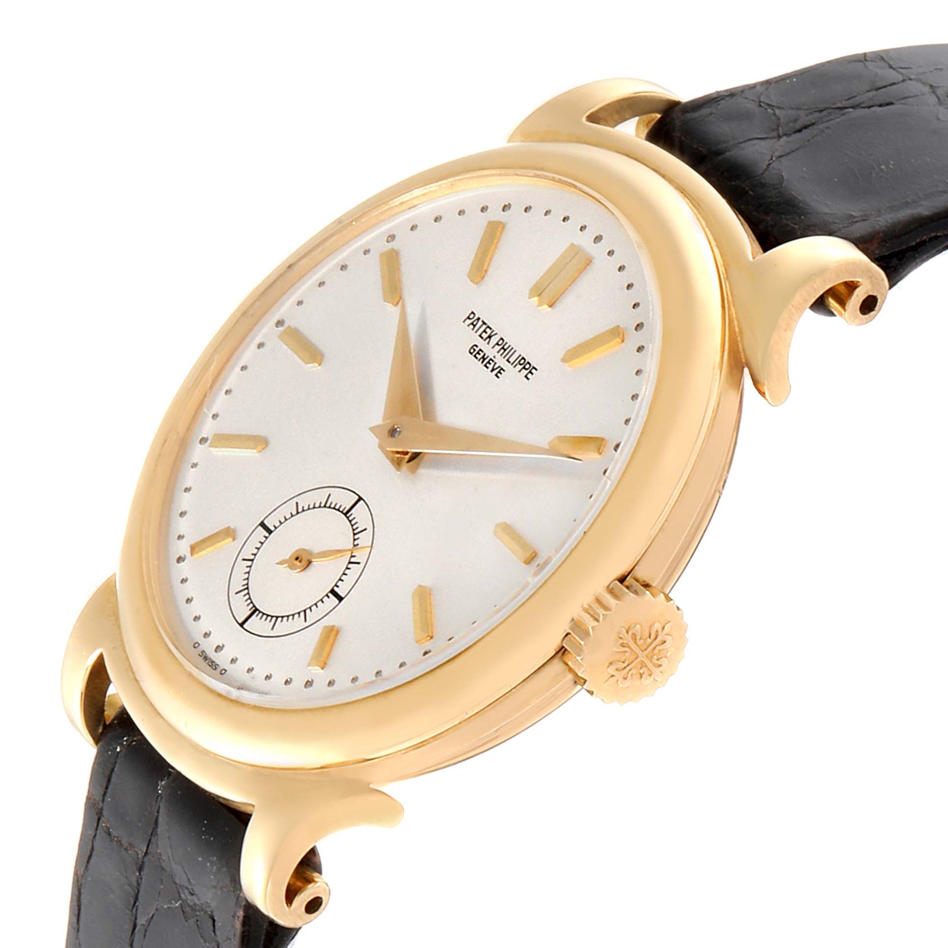 The image shows a side-angle view of the Vintage Patek Philippe watch, highlighting the watch face, crown, and part of the strap.