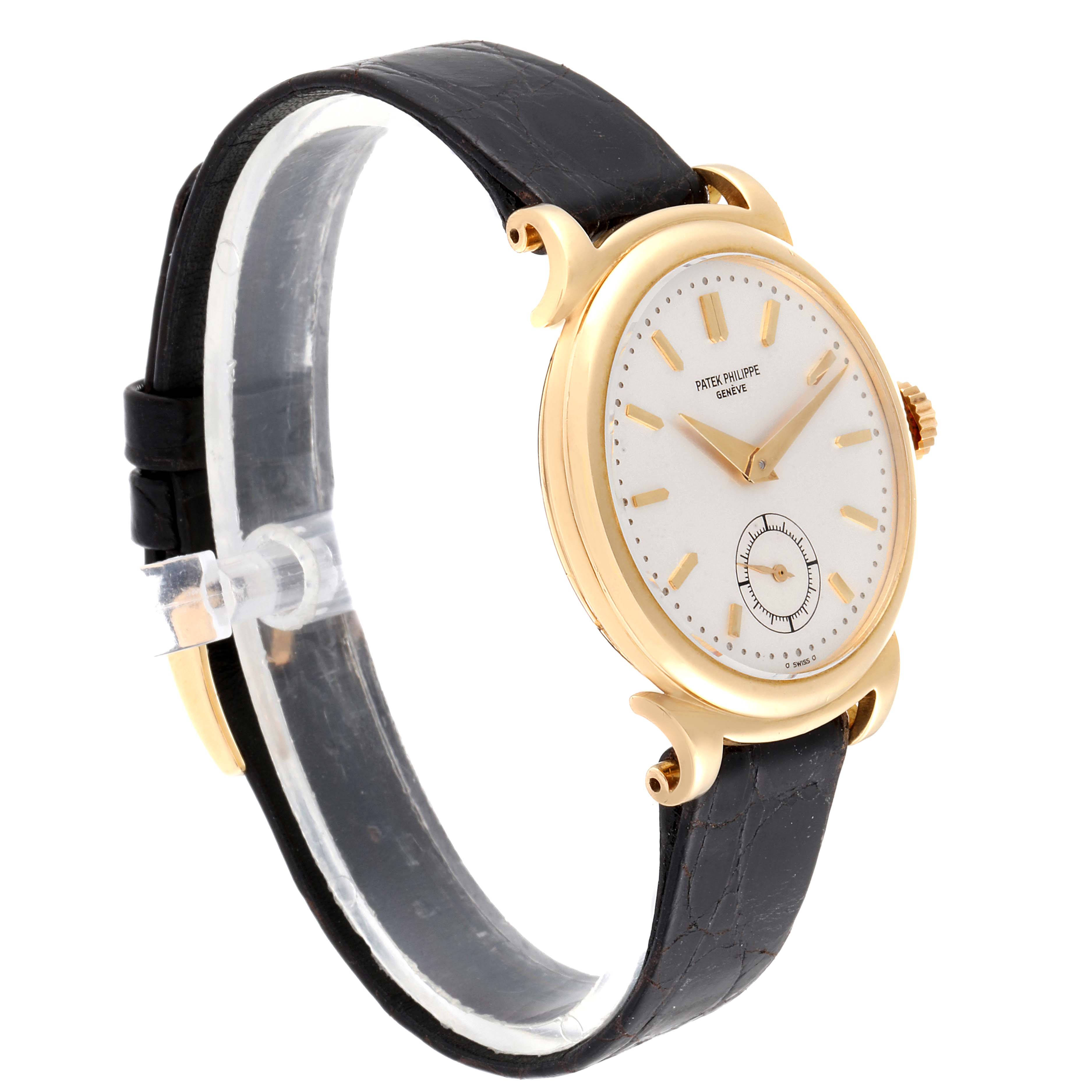 The image shows a side angle of the Patek Philippe Vintage watch, highlighting its leather strap, dial, and gold casing.