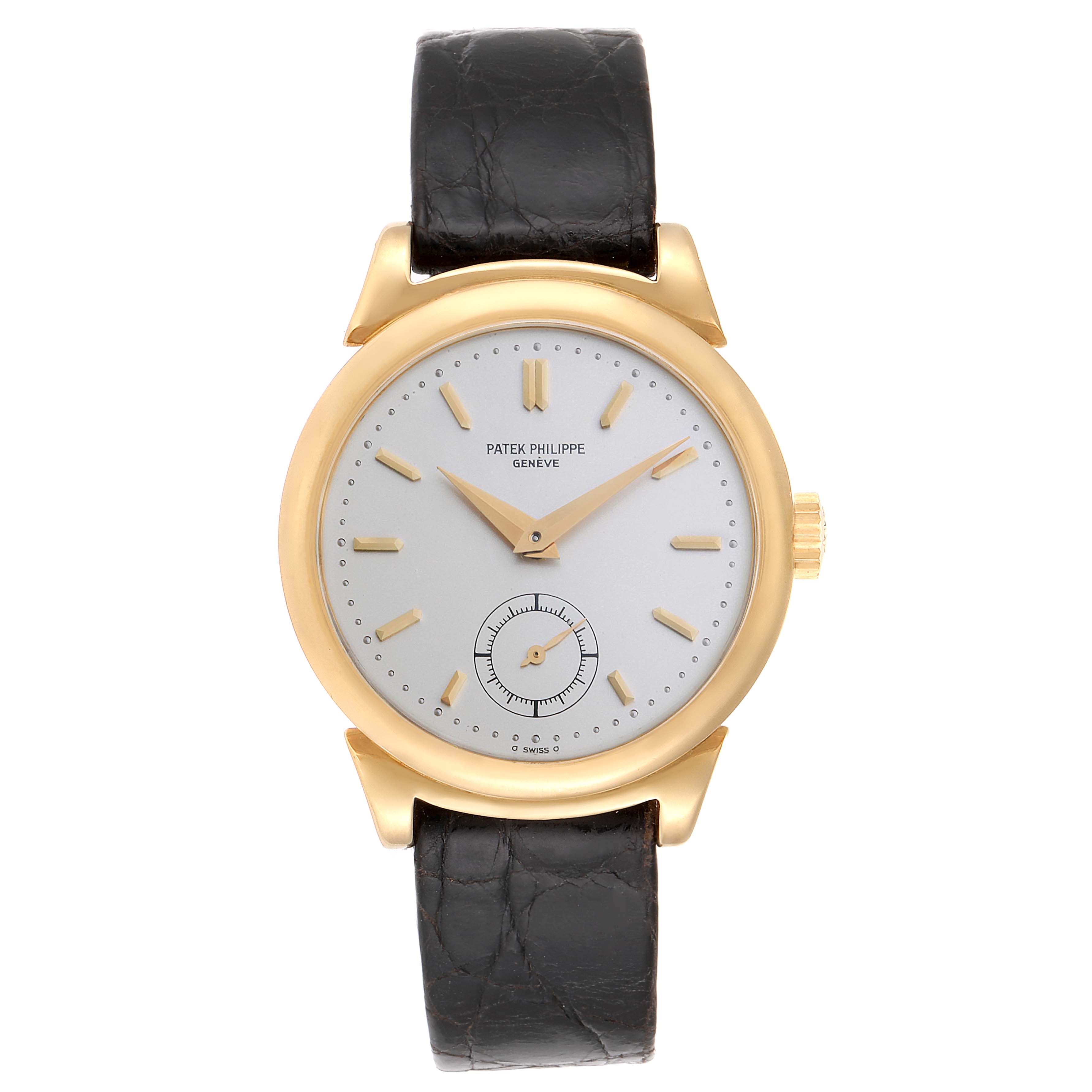 This image shows a front view of a Vintage Patek Philippe watch, featuring a gold case, white dial, and black leather strap.