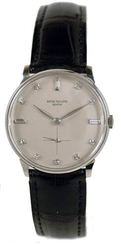 This image shows a frontal view of the Patek Philippe 2573/2 Platinum Silver Dial 2573/2 Platinum Silver Dial Vintage Men Platinum Diamond 2573/2 watch, highlighting its dial, case, and black leather strap.