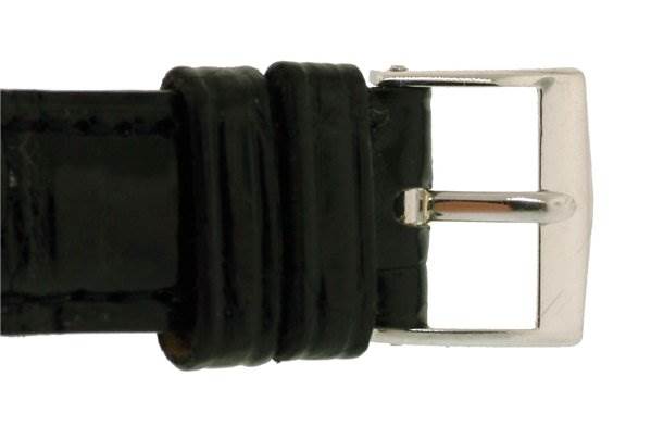 This image shows the black leather strap and silver buckle of a Patek Philippe 2573/2 Platinum Silver Dial 2573/2 Platinum Silver Dial Vintage Men Platinum Diamond 2573/2 Rare model watch.