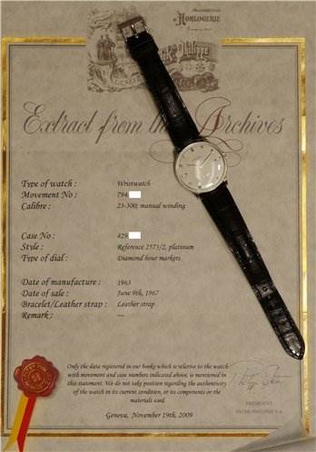 The image shows a Patek Philippe 2573/2 Platinum Silver Dial 2573/2 Platinum Silver Dial Vintage Men Platinum Diamond 2573/2 watch laid flat on a certificate, viewed from the top.