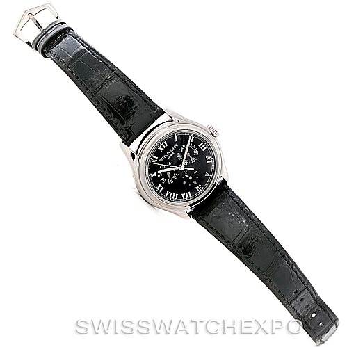 The image shows a top-down view of the Patek Philippe 5035G Men's White Gold Black Dial 5035G Men's White Gold Black Dial Complicated Annual Calendar Men's Watch 5035G, displaying its face, case, and leather strap.