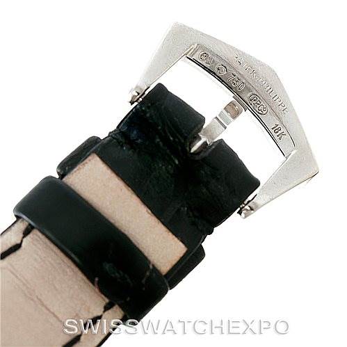 The image shows the buckle and part of the leather strap of a Patek Philippe 5035G Men's White Gold Black Dial 5035G Men's White Gold Black Dial Complicated Annual Calendar Men's Watch 5035G model from the rear angle.