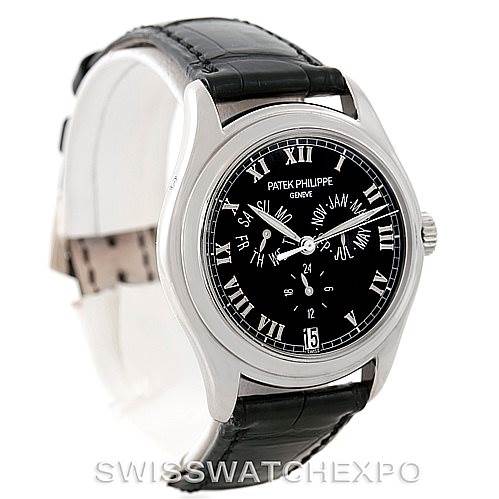 The image shows a front angle of the Patek Philippe 5035G Men's White Gold Black Dial 5035G Men's White Gold Black Dial Complicated Annual Calendar Mens Watch 5035G, highlighting its black dial and leather strap.