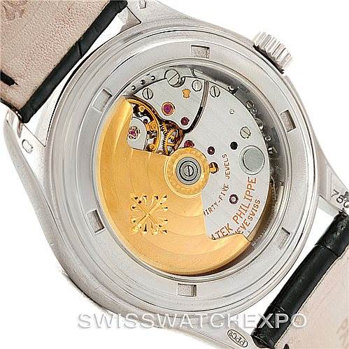 This image shows the back view of the Patek Philippe 5035G Men's White Gold Black Dial 5035G Men's White Gold Black Dial Complicated Annual Calendar 5035G, displaying its intricate movement.