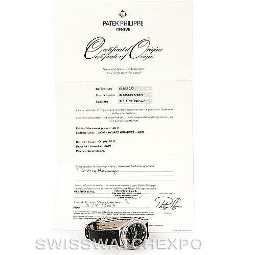 The image shows a Patek Philippe 5035G Men's White Gold Black Dial 5035G Men's White Gold Black Dial Complicated Annual Calendar Mens Watch 5035G model, positioned in front of its Certificate of Origin.