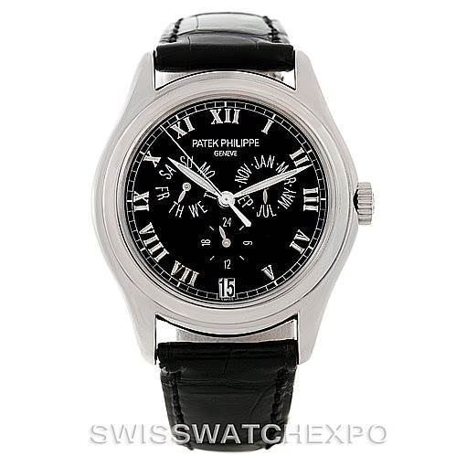 This is a front view of a Patek Philippe 5035G Men's White Gold Black Dial 5035G Men's White Gold Black Dial Complicated Annual Calendar Men's Watch 5035G, showing the dial, case, and strap.