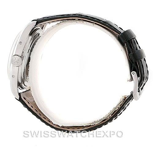 The image shows a side profile of a Patek Philippe 5035G Men's White Gold Black Dial 5035G Men's White Gold Black Dial Complicated Annual Calendar Mens Watch 5035G, highlighting the crown, case, and leather strap.