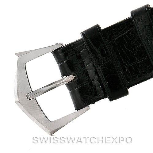 The image shows a close-up of the black leather strap and silver buckle of a Patek Philippe Calatrava 5119G Men's White Gold White Dial 5119G Men's White Gold White Dial watch.