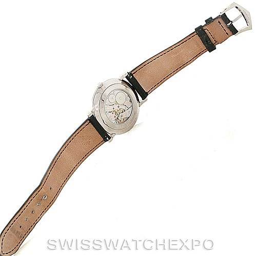 This image shows the back view of a Patek Philippe Calatrava 5119G Men's White Gold White Dial 5119G Men's White Gold White Dial watch, displaying its transparent case back and leather strap.