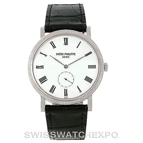 This image shows a Patek Philippe Calatrava 5119G Men's White Gold White Dial 5119G Men's White Gold White Dial watch from a front angle, highlighting its white dial, Roman numerals, and black leather strap.