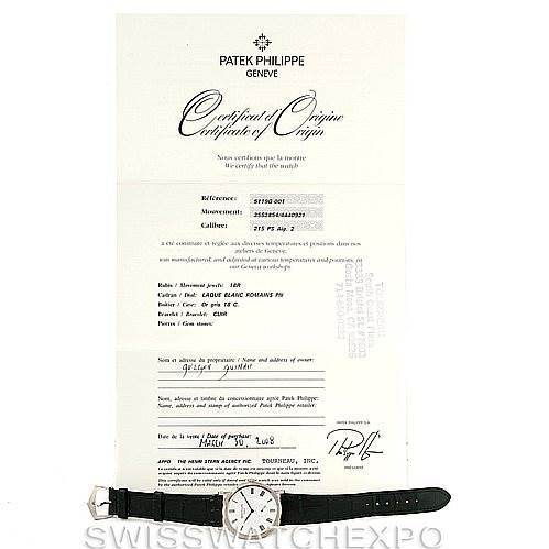 The image shows a Patek Philippe Calatrava 5119G Men's White Gold White Dial 5119G Men's White Gold White Dial watch with its face and strap fully visible, along with its Certificate of Origin.
