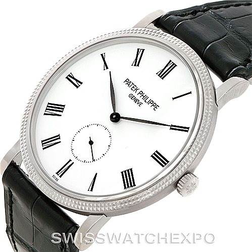 The image shows a Patek Philippe Calatrava 5119G Men's White Gold White Dial 5119G Men's White Gold White Dial watch at a slight angle, displaying the face, strap, and crown.