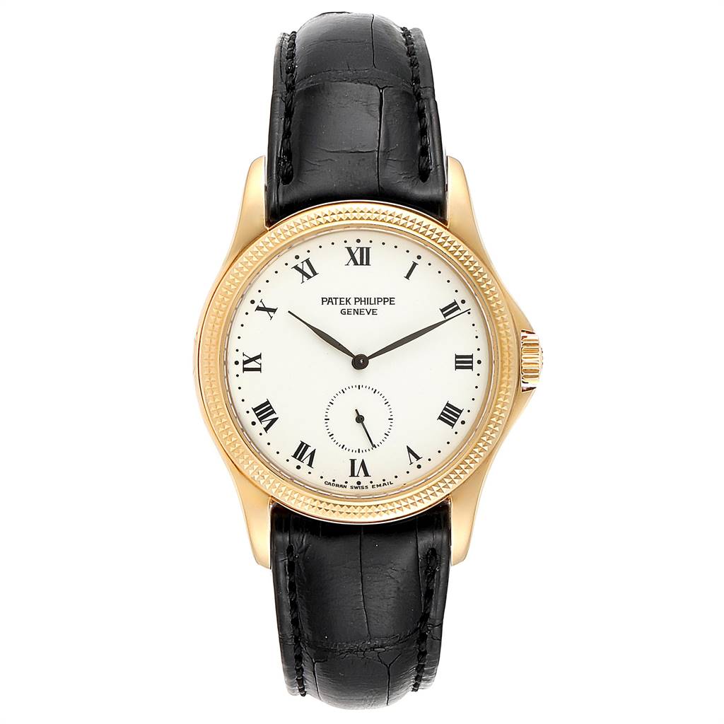 The image shows a front view of a Patek Philippe Calatrava 5115 Men's Yellow Gold White Dial 5115 Men's Yellow Gold White Dial watch with a gold case and black leather strap.