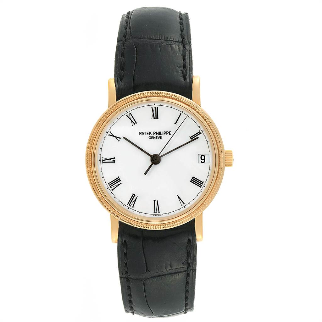 This image shows a frontal view of a Patek Philippe Calatrava 3802 Men's Yellow Gold White Dial 3802 Men's Yellow Gold White Dial watch, featuring its dial, Roman numerals, and leather strap.