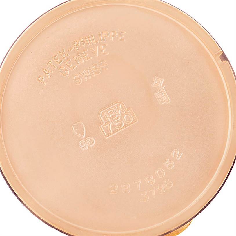 This image shows the inner case back of a Patek Philippe Calatrava 3796R Men
s Rose Gold White Dial 3796R Men
s Rose Gold White Dial watch, highlighting brand inscriptions and hallmarks.