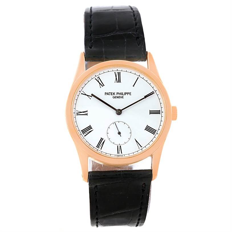 This is a front view of a Patek Philippe Calatrava 3796R Men
s Rose Gold White Dial 3796R Men
s Rose Gold White Dial watch showing the dial, hands, and leather strap.