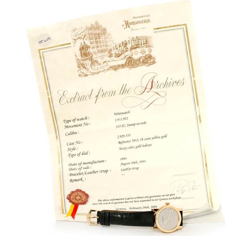 The image shows a Patek Philippe Calatrava 5012 Men
s Yellow Gold Beige Dial 5012 Men
s Yellow Gold Beige Dial watch and its "Extract from the Archives" document from a slightly overhead angle.