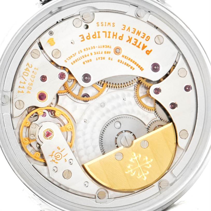 This image shows the back view of the movement and internal mechanism of a Patek Philippe Calatrava 5120 Men's White Gold White Dial 5120 Men's White Gold White Dial watch.