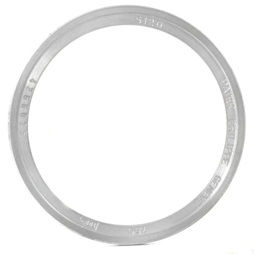 The image shows the bezel of a Patek Philippe Calatrava 5120 Men's White Gold White Dial 5120 Men's White Gold White Dial 5120 watch from a top-down angle.