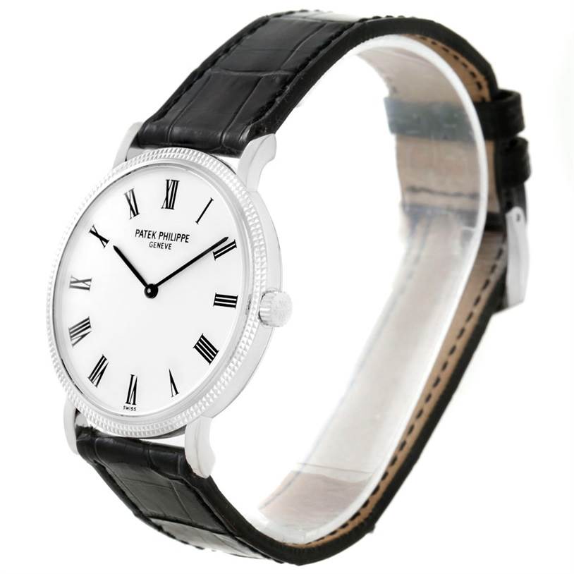 The image shows a Patek Philippe Calatrava 5120 Men's White Gold White Dial 5120 Men's White Gold White Dial watch at a slight angle, displaying the face, case, crown, and black leather strap.