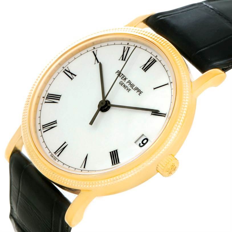 The image shows a Patek Philippe Calatrava 3802 Men's Yellow Gold White Dial 3802 Men's Yellow Gold White Dial watch at a slight angle, highlighting the face, hands, crown, and part of the black leather strap.