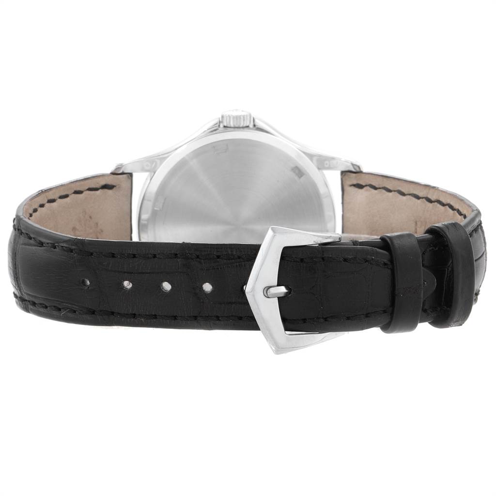 This image shows the back view of a Patek Philippe Calatrava 5115G Men
s White Gold White Dial 5115G Men
s White Gold White Dial watch, focusing on the black leather strap and buckle.