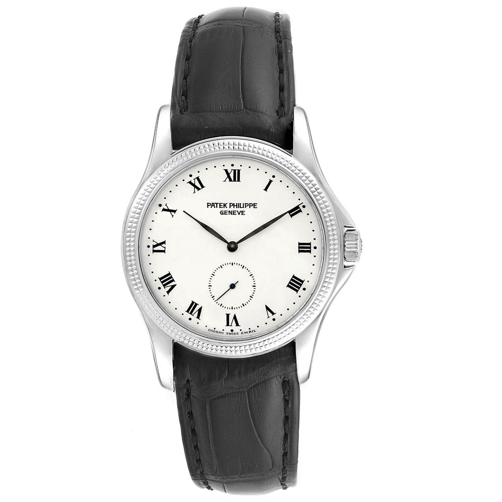 The image shows a frontal view of the Patek Philippe Calatrava 5115G Men
s White Gold White Dial 5115G Men
s White Gold White Dial watch with its face, hands, and leather strap visible.