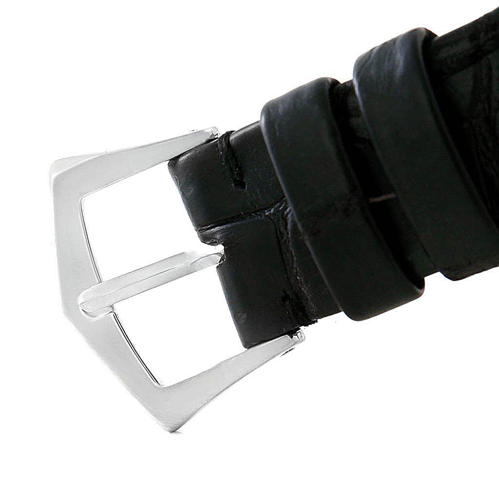 This image shows a close-up of the buckle and strap of a Calatrava model by Patek Philippe.
