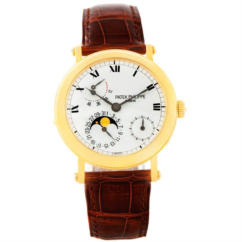 This image shows the front view of a Patek Philippe 5054 Men's Yellow Gold White Dial 5054 Men's Yellow Gold White Dial Power Reserve Moonphase Yellow Gold Watch 5054 model.