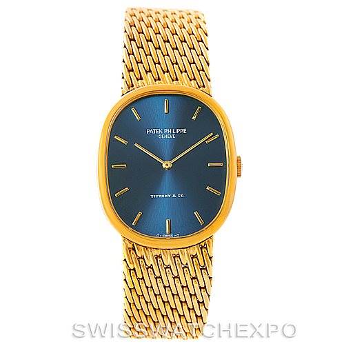 This image shows the Patek Philippe Golden Ellipse 3848 Men's Yellow Gold Blue Dial 3848 Men's Yellow Gold Blue Dial watch from a front angle, displaying its blue dial, gold case, and woven gold bracelet.
