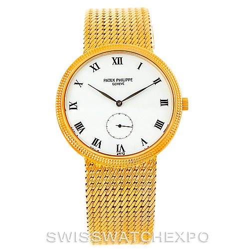 The image shows a front view of a Patek Philippe Calatrava 3919 Men's Yellow Gold White Dial 3919 Men's Yellow Gold White Dial watch with a gold mesh bracelet and white dial with Roman numerals.