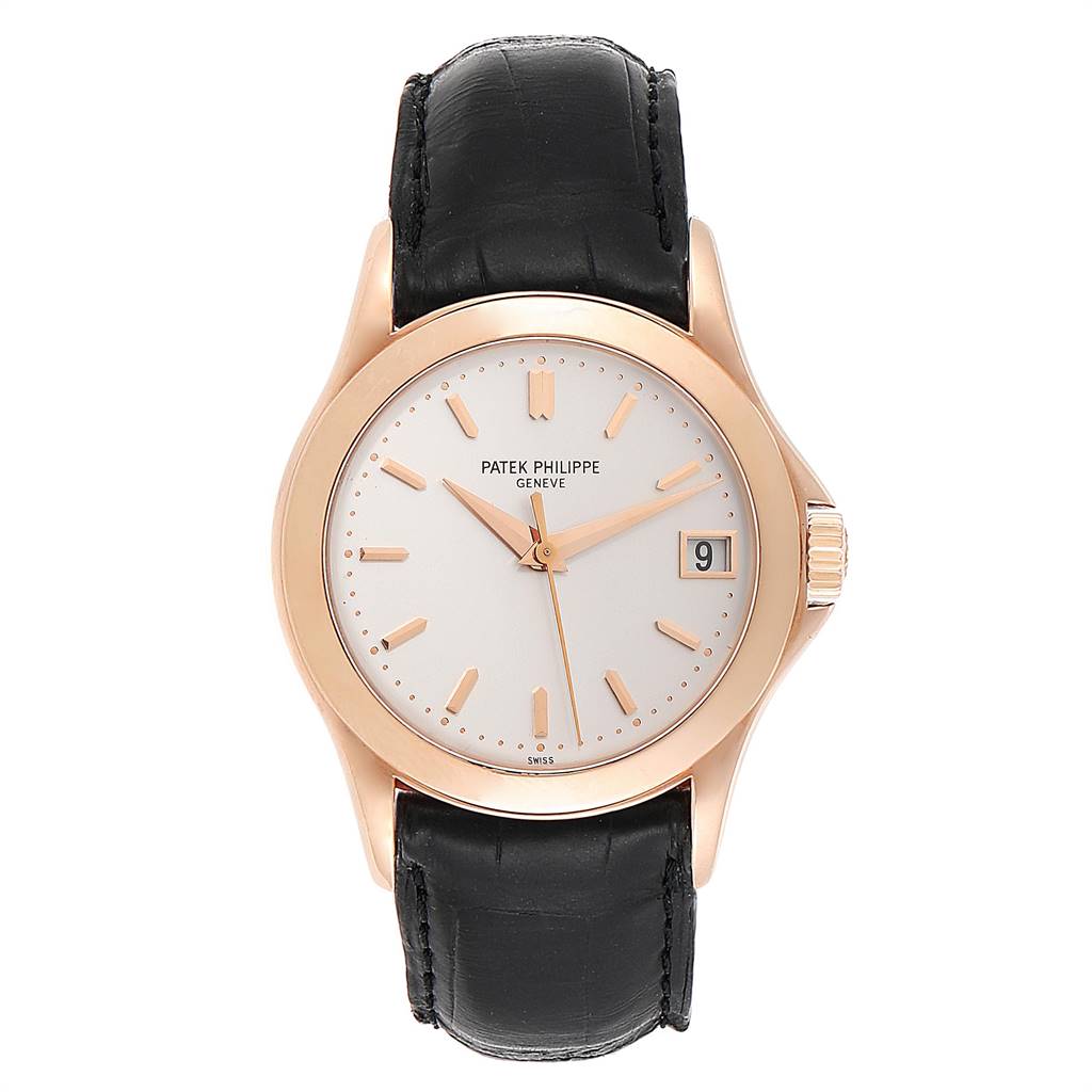 The image shows a front view of a Patek Philippe Calatrava 5107R Men's Rose Gold Silver Dial 5107R Men's Rose Gold Silver Dial watch, displaying its dial, hands, date window, and black leather strap.