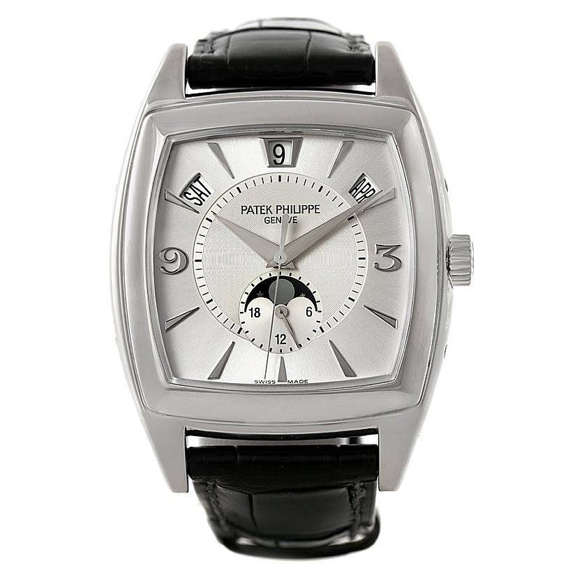 The image shows a front view of a Patek Philippe 5135G White Gold Silver Dial 5135G White Gold Silver Dial Gondolo Calendario 18K White Gold Watch 5135G, displaying the face and strap.