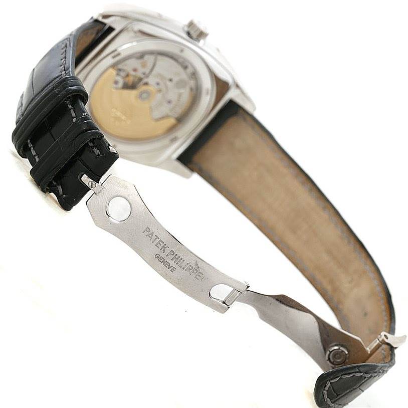 This image shows the back view and clasp of the Patek Philippe 5135G White Gold Silver Dial 5135G White Gold Silver Dial Gondolo Calendario 18K White Gold Watch 5135G model.