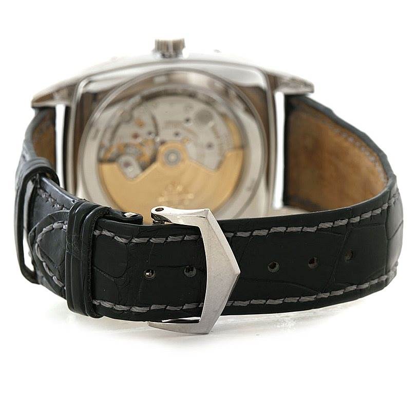 The image shows the back view of the Patek Philippe 5135G White Gold Silver Dial 5135G White Gold Silver Dial Gondolo Calendario 18K White Gold Watch 5135G, highlighting the strap and buckle.