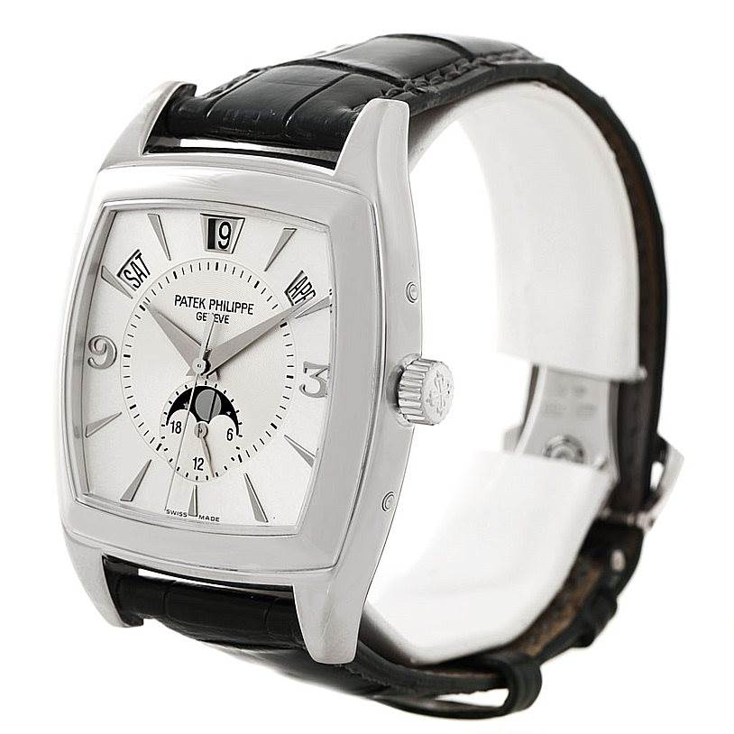 This image shows a Patek Philippe 5135G White Gold Silver Dial 5135G White Gold Silver Dial Gondolo Calendario 18K White Gold Watch 5135G model from a three-quarter front angle, displaying the watch face and strap.