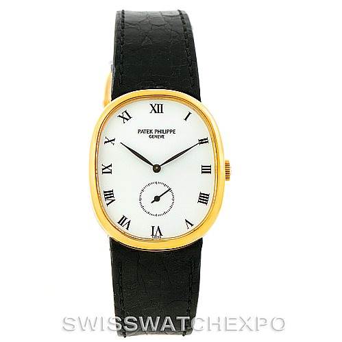 This Patek Philippe Golden Ellipse 3948 Men's Yellow Gold White Dial 3948 Men's Yellow Gold White Dial watch is shown from a front angle, displaying its gold case, white dial with Roman numerals, and black leather strap.