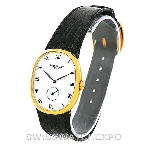 The image shows a Patek Philippe Golden Ellipse 3948 Men's Yellow Gold White Dial 3948 Men's Yellow Gold White Dial watch at a three-quarter view, focusing on the watch face, black leather strap, and the golden case.