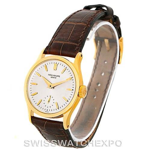 This image shows a side and slight top angle view of a Vintage Patek Philippe watch, featuring a brown leather strap and a gold case.