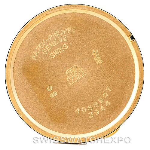 This image shows the inside of the case back of a Patek Philippe Calatrava 3944 Men's Yellow Gold White Dial 3944 Men's Yellow Gold White Dial model watch.
