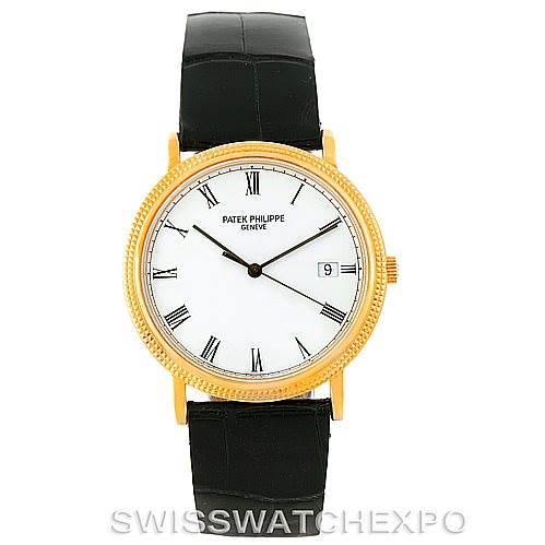 The image shows a front view of a Patek Philippe Calatrava 3944 Men's Yellow Gold White Dial 3944 Men's Yellow Gold White Dial watch, highlighting its gold case, Roman numeral dial, and leather strap.