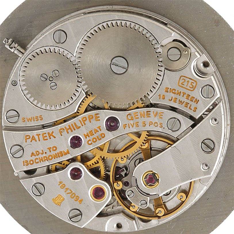 This image shows a close-up view of the movement of a Patek Philippe Calatrava 3919 Men's Yellow Gold White Dial 3919 Men's Yellow Gold White Dial watch.