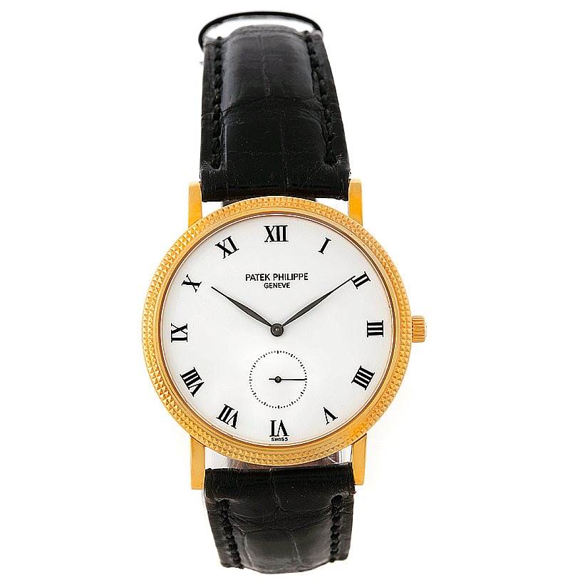 This image shows a front view of the Patek Philippe Calatrava 3919 Men's Yellow Gold White Dial 3919 Men's Yellow Gold White Dial watch, displaying the dial, hands, and black leather strap.
