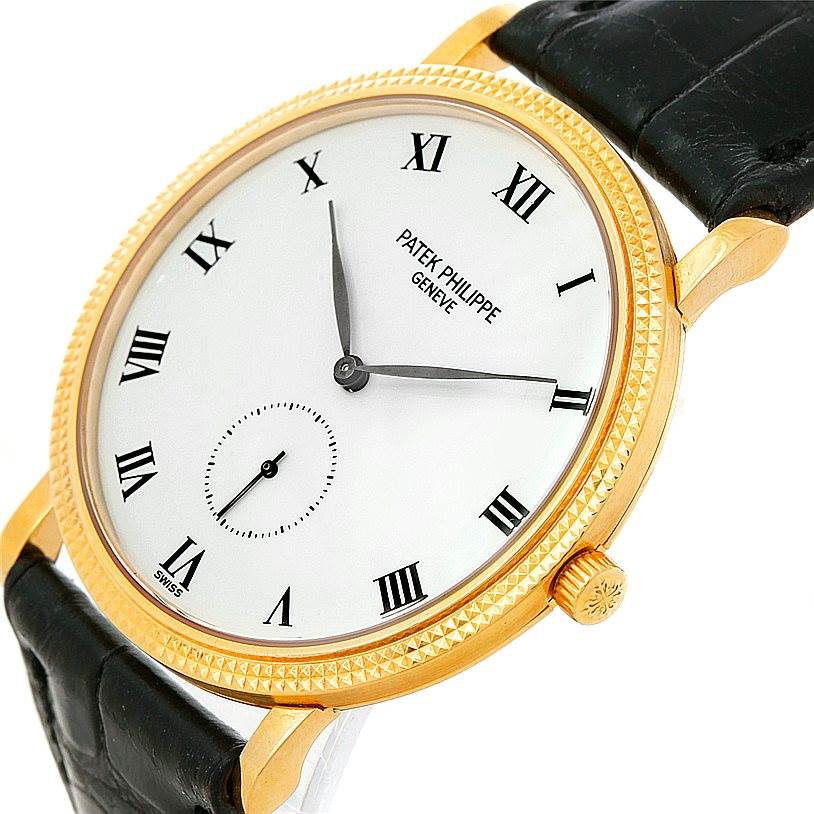 The Patek Philippe Calatrava 3919 Men's Yellow Gold White Dial 3919 Men's Yellow Gold White Dial watch is shown at a slight left-side angle, highlighting the face, crown, and part of the strap.