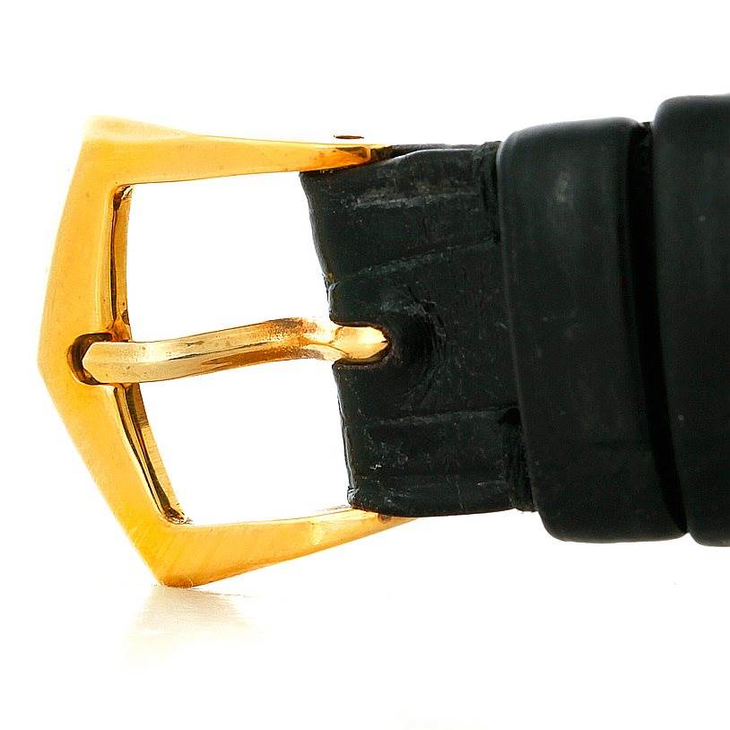 This image shows a close-up of the buckle and strap of the Patek Philippe Calatrava 3919 Men's Yellow Gold White Dial 3919 Men's Yellow Gold White Dial watch.