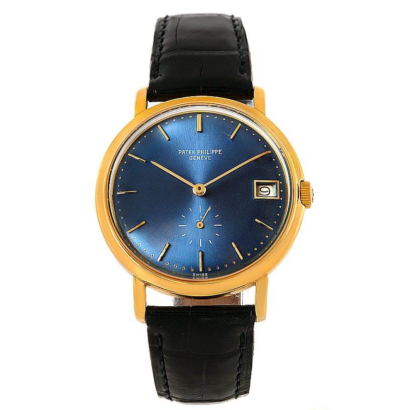 This image shows a front view of a vintage Patek Philippe watch with a blue dial, gold case, and black leather strap.